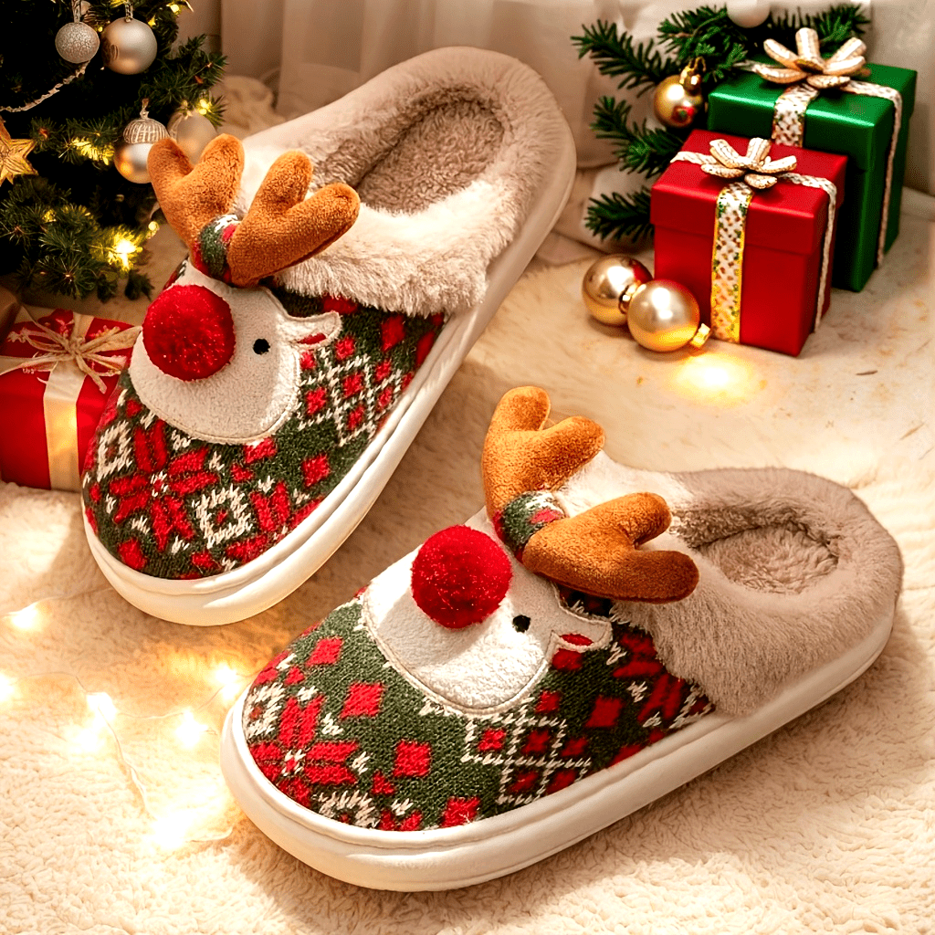 Kerst Fleece-Gevoerde Warme Sloffen - Rudolph Kerst Slippers
