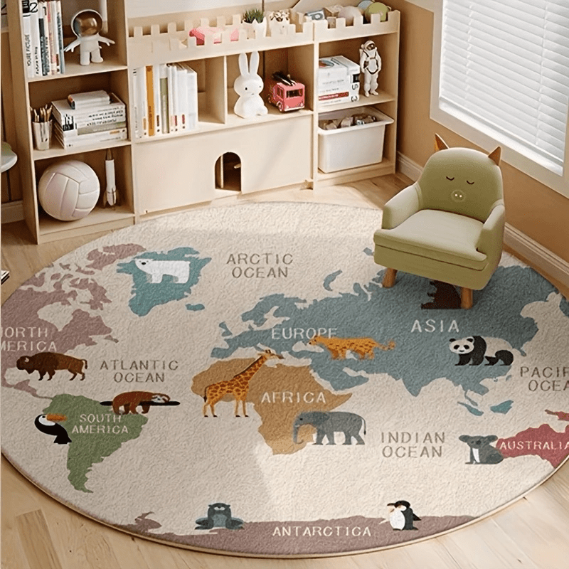 Ronde Wereldkaart Vloerkleed – Educatief Dieren Mat voor Kinderen