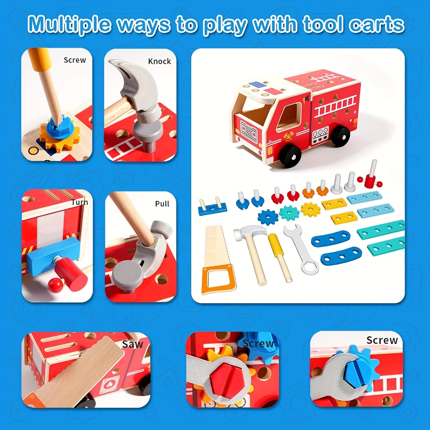 Houten Brandweerauto Speelgoed – Montessori Gereedschap Truck