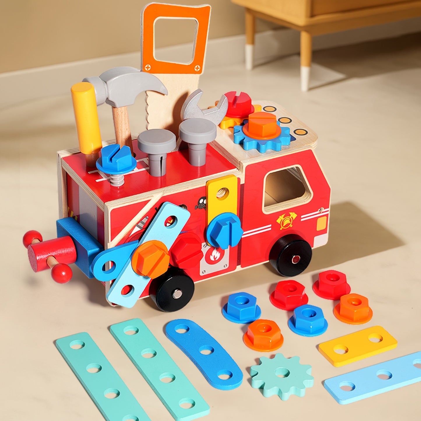 Houten Brandweerauto Speelgoed – Montessori Gereedschap Truck
