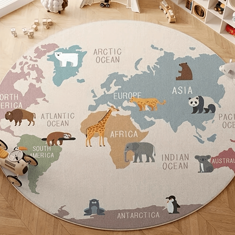 Ronde Wereldkaart Vloerkleed – Educatief Dieren Mat voor Kinderen