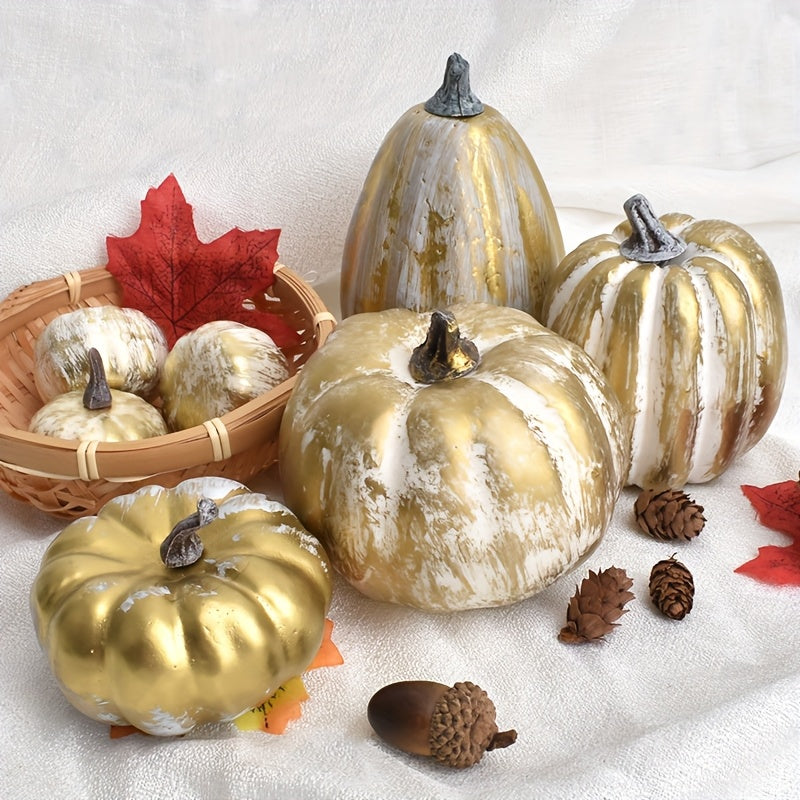 Herfstdecoratie – Set van 8 Goud Witte Pompoenen