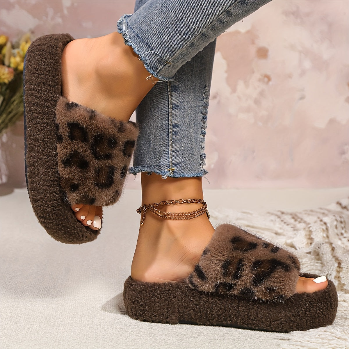 Leopard Fluffy Pantoffels – Warme Luipaard Sloffen voor Dames