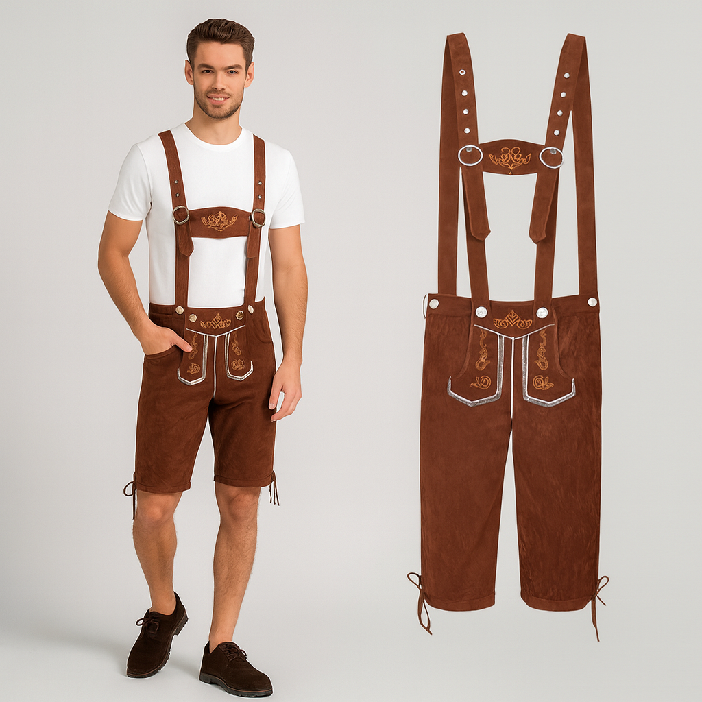 Lederhose Heren met Luxe Afwerking – Authentieke Oktoberfest Kniebroek met Bretels