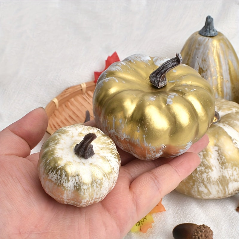 Herfstdecoratie – Set van 8 Goud Witte Pompoenen