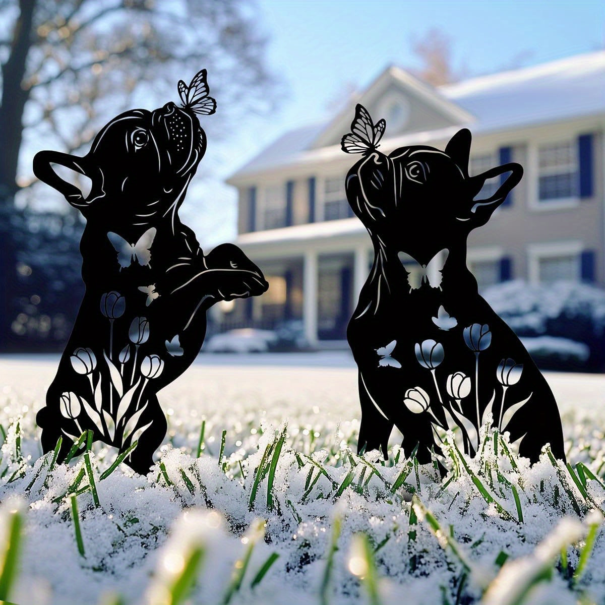 Set van 2 Franse Bulldog Tuinstekers – Metalen Tuindecoratie