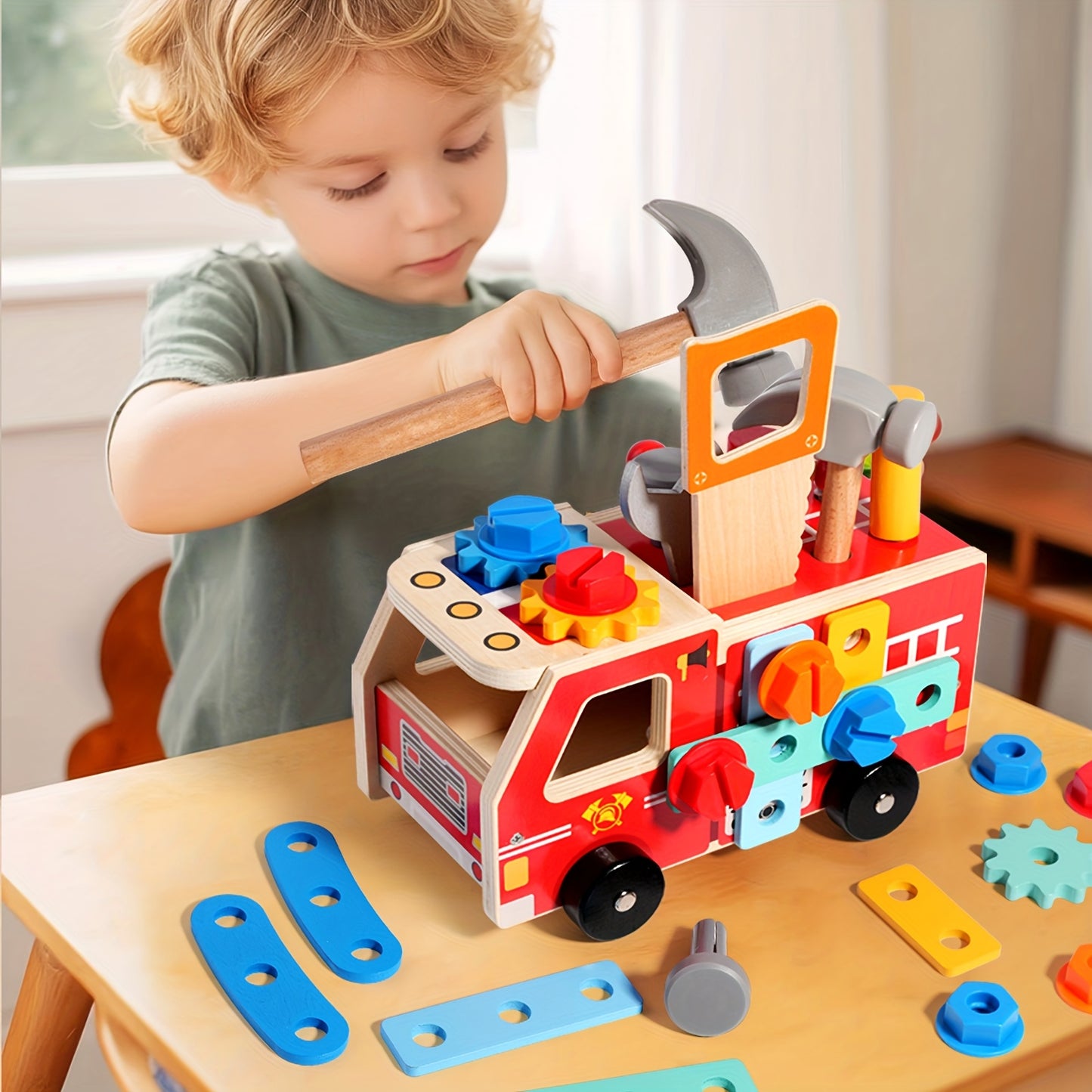 Houten Brandweerauto Speelgoed – Montessori Gereedschap Truck