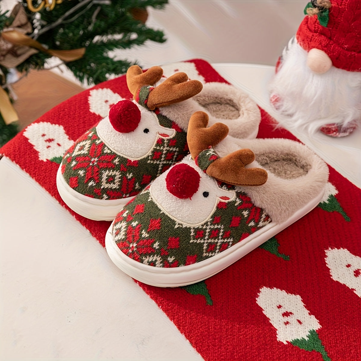 Kerst Fleece-Gevoerde Warme Sloffen - Rudolph Kerst Slippers