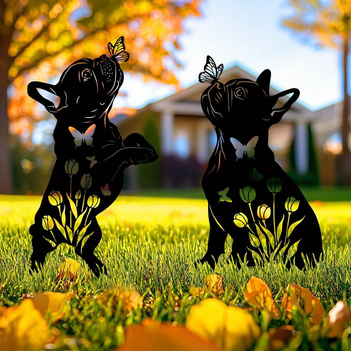 Set van 2 Franse Bulldog Tuinstekers – Metalen Tuindecoratie