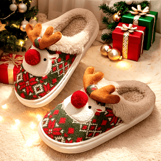 Kerst Fleece-Gevoerde Warme Sloffen - Rudolph Kerst Slippers