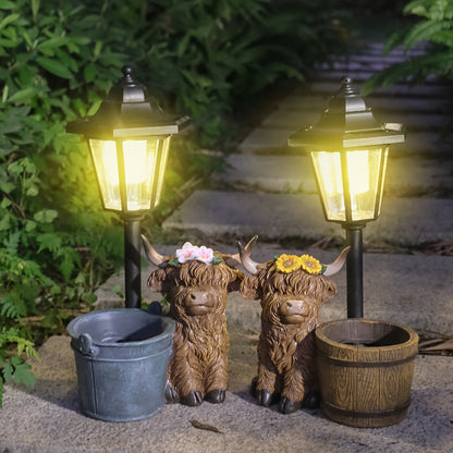 Solar Tuinbeeld Highland Koe – LED Buitenlamp met Bloempot