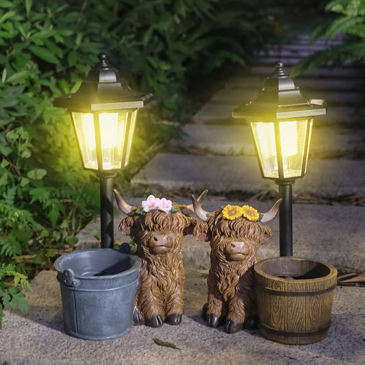 Solar Tuinbeeld Highland Koe – LED Buitenlamp met Bloempot