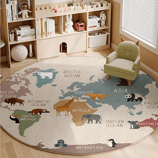 Ronde Wereldkaart Vloerkleed – Educatief Dieren Mat voor Kinderen