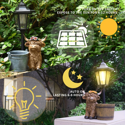 Solar Tuinbeeld Highland Koe – LED Buitenlamp met Bloempot