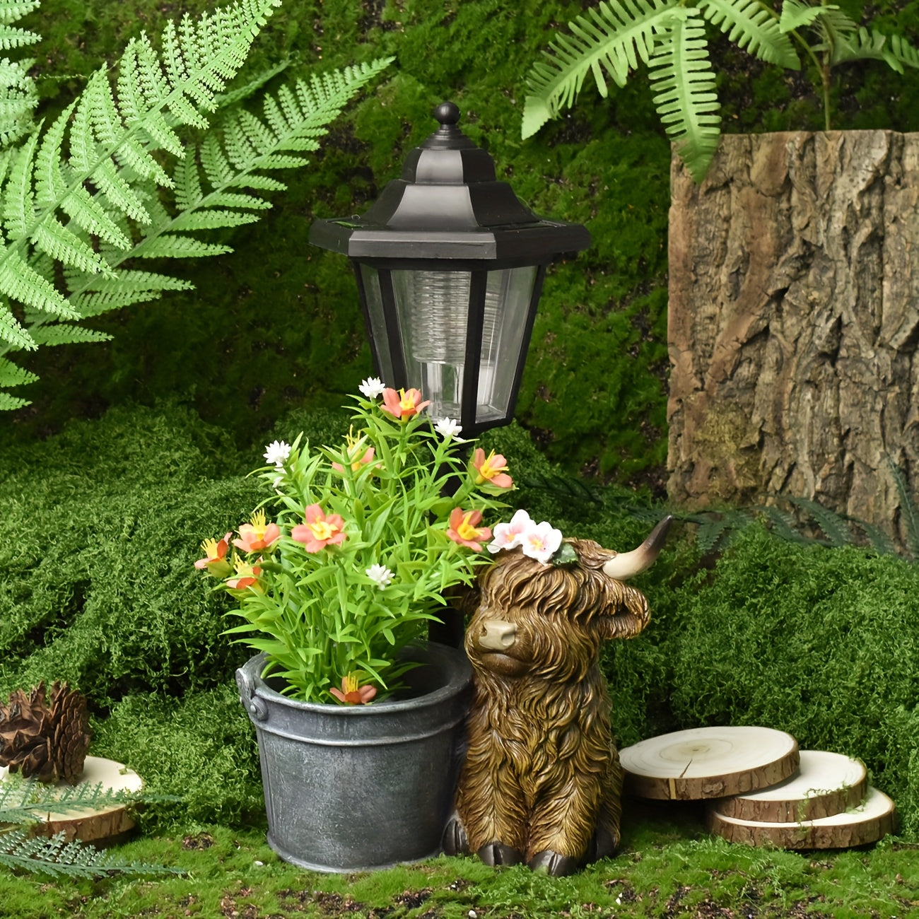 Solar Tuinbeeld Highland Koe – LED Buitenlamp met Bloempot