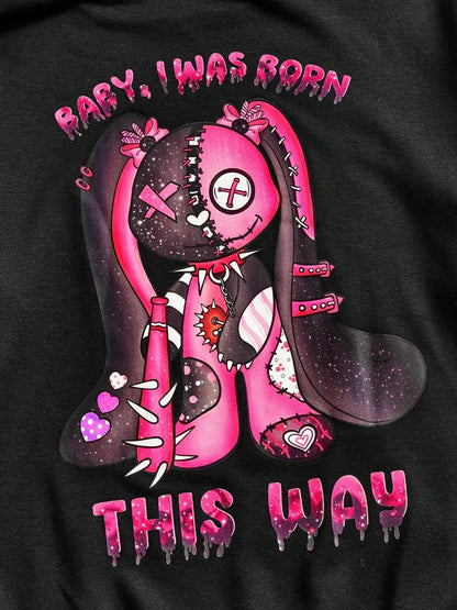 Streetwear Hoodie – Zwarte Unisex Hoodie met Roze Cartoonprint en Hartjes